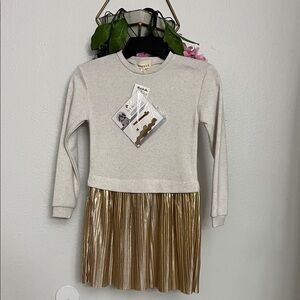 Elegant Kids Dress with Cream Top and Gold Pleated Skirt